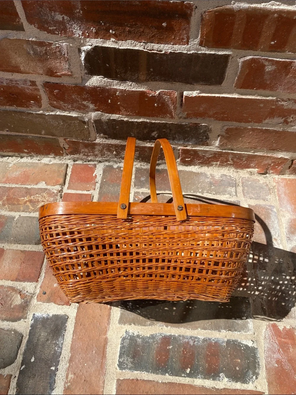 Vintage Handwoven Natural Brown Wicker Basket with Handles